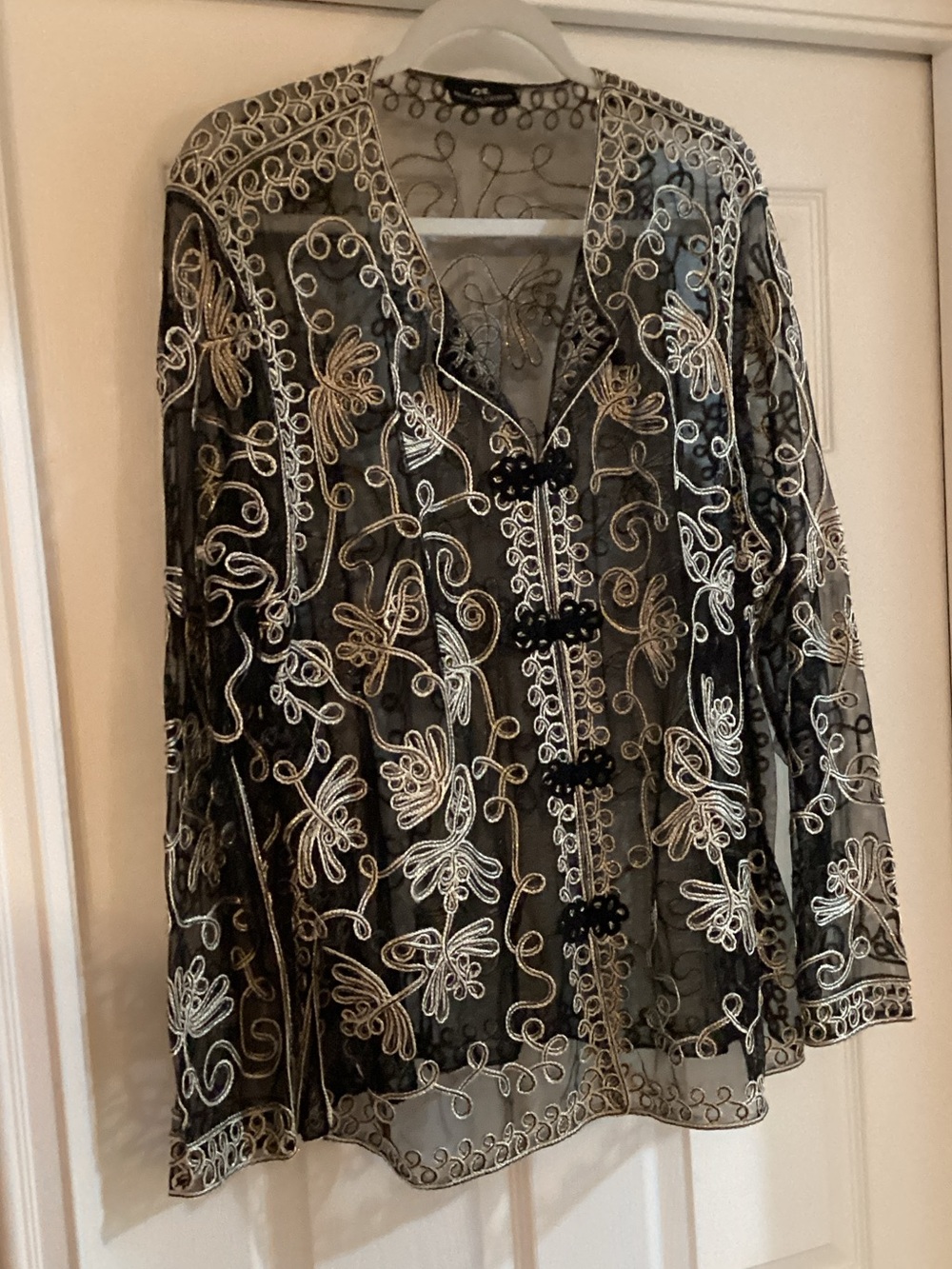 Sheer Black Embroidered Tunic Jacket with Metallic Floral Accents